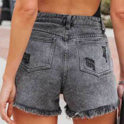 Distressed Fringe Denim Shorts with Pockets - MimiStylez