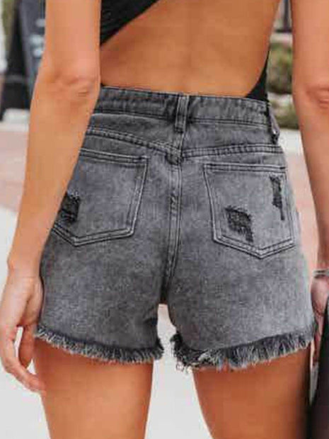 Distressed Fringe Denim Shorts with Pockets - MimiStylez