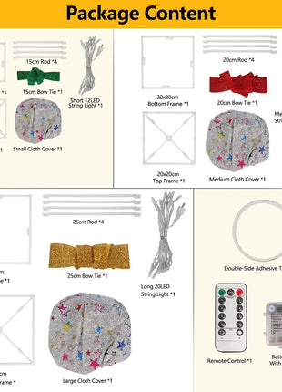 Star-Deer Pattern Options -- Set Of 3 Christmas Lighted Gift Boxes Xmas Present Ornament 50 LED Christmas Box Decorations With Ribbon Bows IP44 Waterproof Battery Powered For Indoor Outdoor Decor