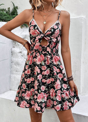 Tied Rose Print Spaghetti Strap Dress - MimiStylez