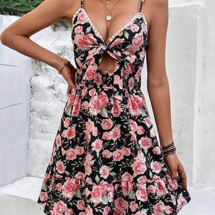 Tied Rose Print Spaghetti Strap Dress - MimiStylez