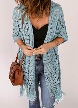 Openwork Open Front Cardigan with Fringes - MimiStylez