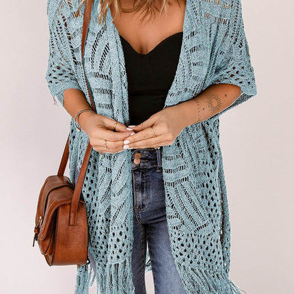 Openwork Open Front Cardigan with Fringes - MimiStylez