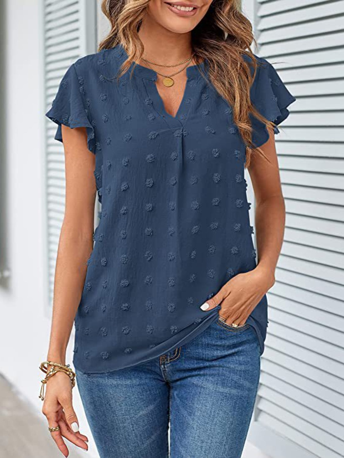 Swiss Dot Notched Cap Sleeve Blouse