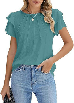 Women's Ruffle Short Sleeve Shirts Dressy Casual Crewneck Top - MimiStylez