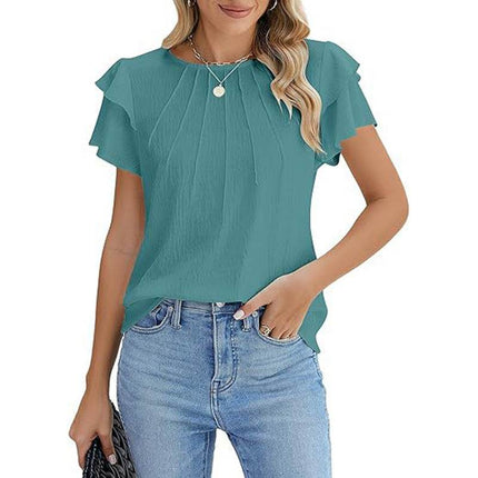 Women's Ruffle Short Sleeve Shirts Dressy Casual Crewneck Top - MimiStylez