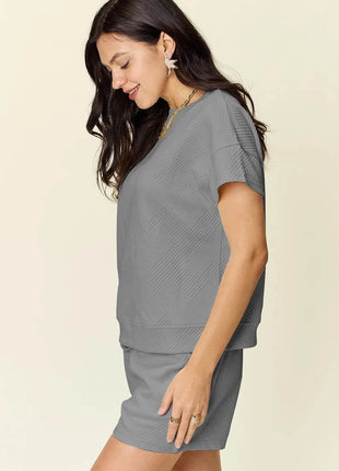 Double Take Full Size Texture Short Sleeve T-Shirt and Drawstring Shorts Set - MimiStylez
