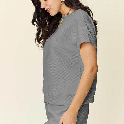 Double Take Full Size Texture Short Sleeve T-Shirt and Drawstring Shorts Set - MimiStylez