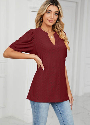 Eyelet Short Puff Sleeve Notched Neck Top - MimiStylez