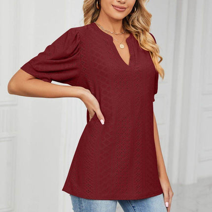 Eyelet Short Puff Sleeve Notched Neck Top - MimiStylez