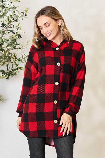 Heimish Full Size Plaid Button Front Hooded Shirt - MimiStylez