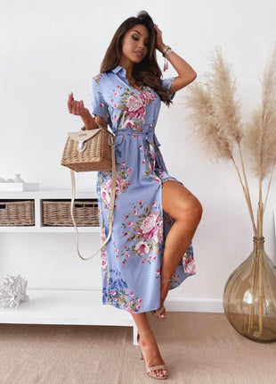 Printed Tie Waist Short Sleeve Midi Shirt Dress - MimiStylez