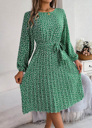 Ditsy Floral Tie Waist Pleated Dress - MimiStylez