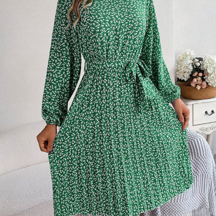 Ditsy Floral Tie Waist Pleated Dress - MimiStylez