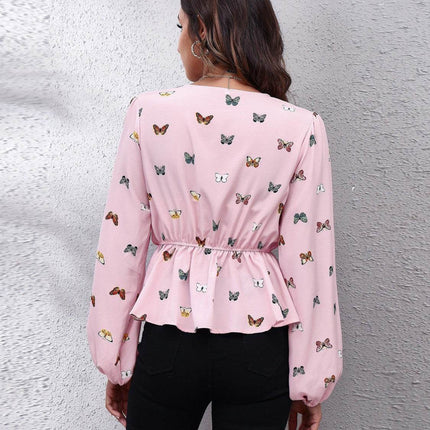 Butterfly V-Neck Balloon Sleeve Peplum Blouse - MimiStylez