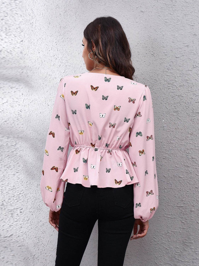 Butterfly V-Neck Balloon Sleeve Peplum Blouse - MimiStylez