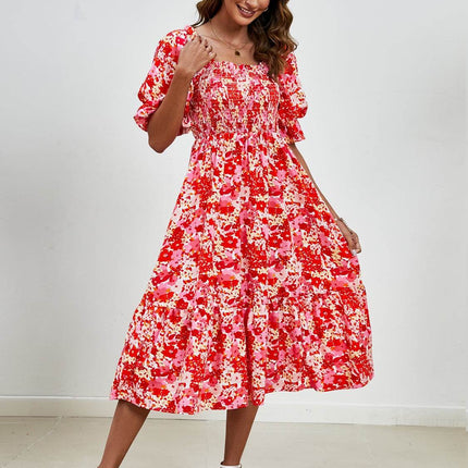 Smocked Floral Square Neck Short Sleeve Dress - MimiStylez
