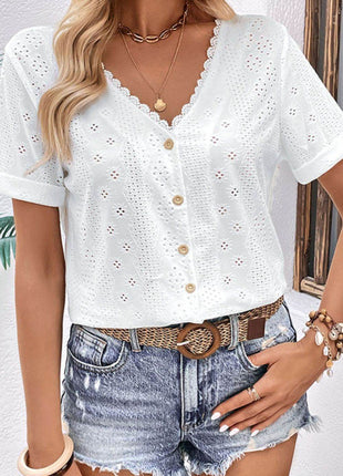 Eyelet Short Sleeve Double-Sided Shirt - MimiStylez