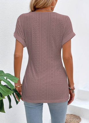 Slit Eyelet V-Neck Short Sleeve Blouse - MimiStylez