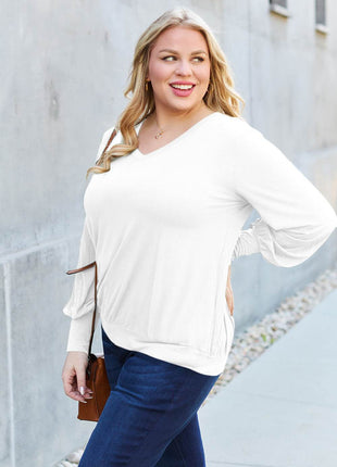 Basic Bae Full Size V-Neck Lantern Sleeve Blouse - MimiStylez
