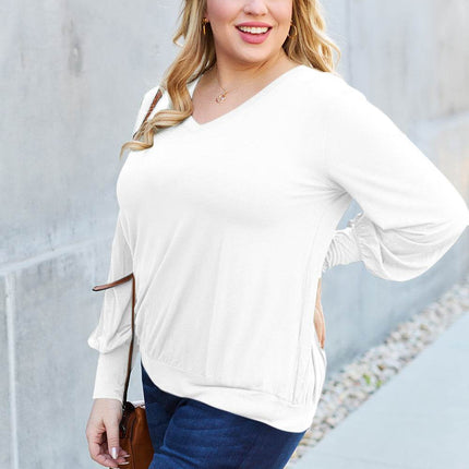 Basic Bae Full Size V-Neck Lantern Sleeve Blouse - MimiStylez