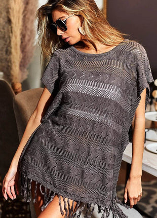 BiBi Fringed Hem Short Sleeve Knit Top - MimiStylez