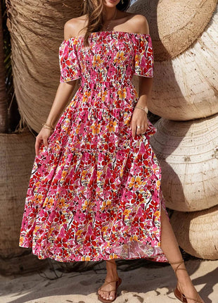 Slit Floral Off-Shoulder Short Sleeve Dress - MimiStylez