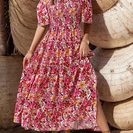 Slit Floral Off-Shoulder Short Sleeve Dress - MimiStylez