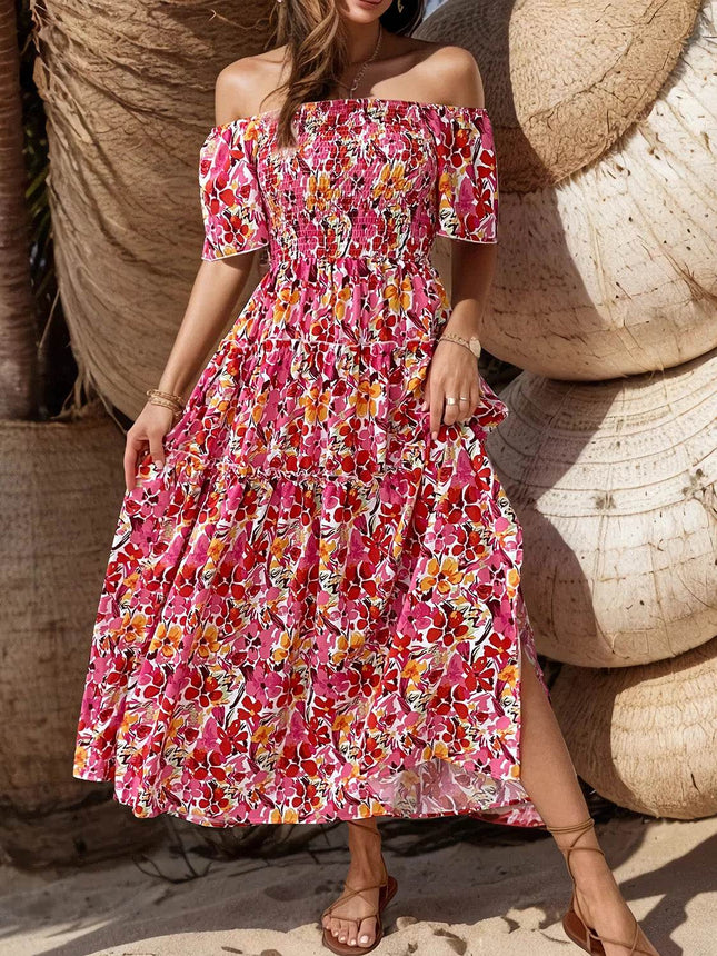 Slit Floral Off-Shoulder Short Sleeve Dress - MimiStylez