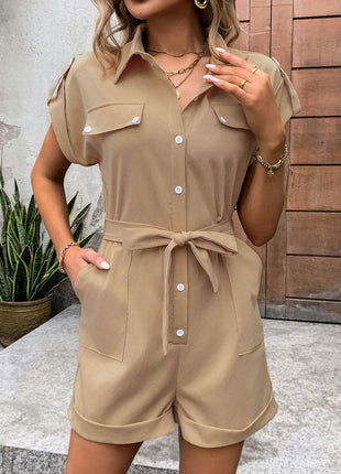Collared Neck Tie Waist Romper with Pockets - MimiStylez
