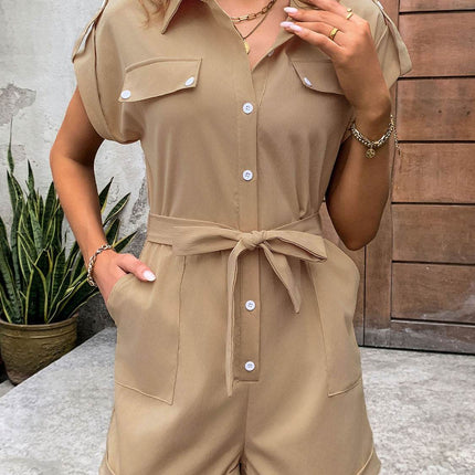 Collared Neck Tie Waist Romper with Pockets - MimiStylez