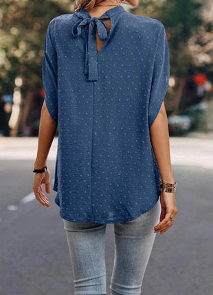 Swiss Dot Mock Neck Half Sleeve Blouse - MimiStylez