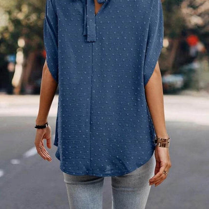 Swiss Dot Mock Neck Half Sleeve Blouse - MimiStylez