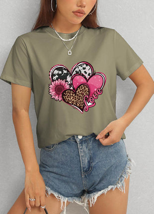 Heart Round Neck Short Sleeve T-Shirt - MimiStylez