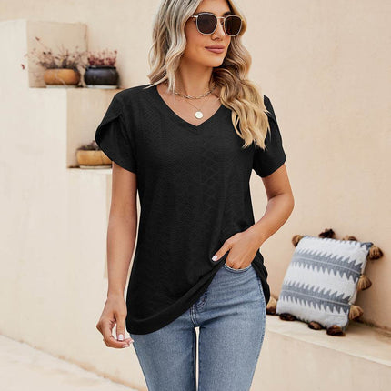 Eyelet Petal Sleeve V-Neck Knit Top - MimiStylez