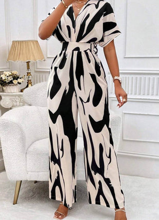 Printed V-Neck Short Sleeve Wide Leg Jumpsuit - MimiStylez