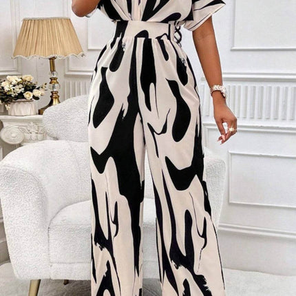 Printed V-Neck Short Sleeve Wide Leg Jumpsuit - MimiStylez