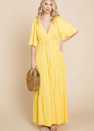 Culture Code Backless Plunge Half Sleeve Tiered Dress - MimiStylez