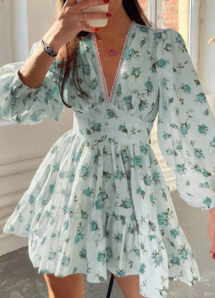 Full Size Floral Print Lace Detail V-Neck Mini Dress Plus SIze - MimiStylez