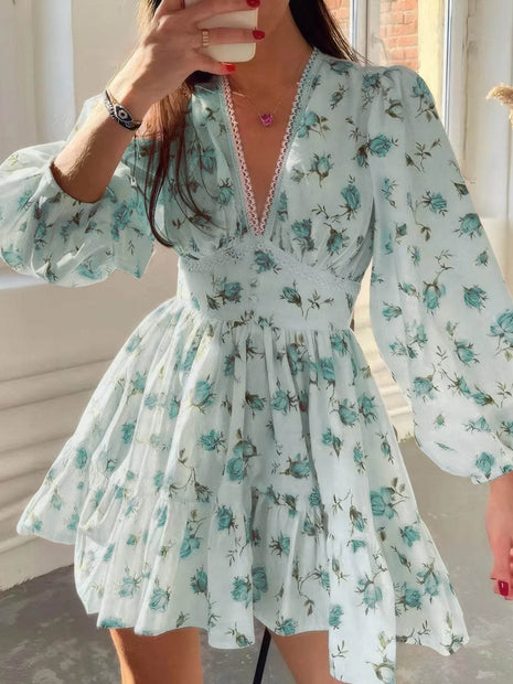 Full Size Floral Print Lace Detail V-Neck Mini Dress Plus SIze - MimiStylez