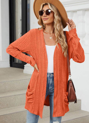 Pocketed Open Front Long Sleeve Cardigan - MimiStylez