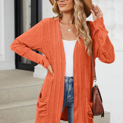 Pocketed Open Front Long Sleeve Cardigan - MimiStylez