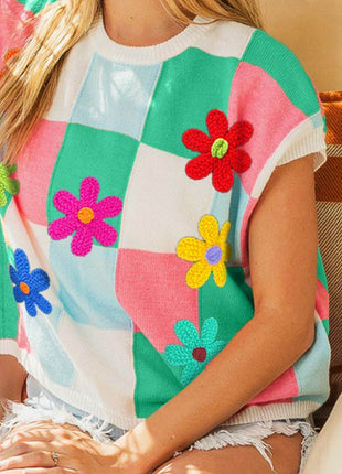 BiBi Flower Patch Checkered Sweater Vest - MimiStylez