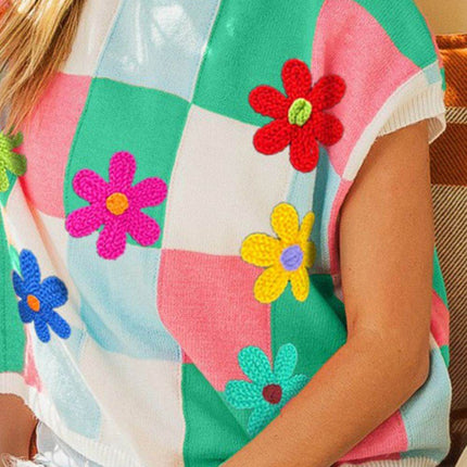 BiBi Flower Patch Checkered Sweater Vest - MimiStylez
