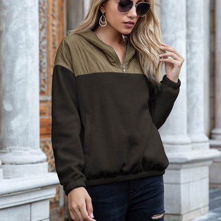 Pocketed Color Block Quarter Zip Hoodie - MimiStylez