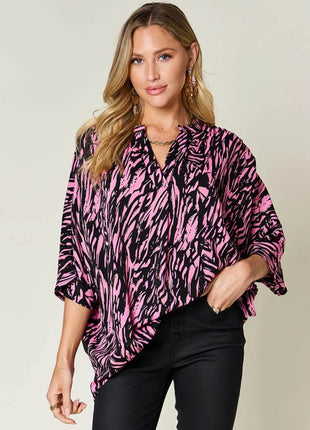 Double Take Full Size Printed Notched Three-Quarter Sleeve Blouse - MimiStylez