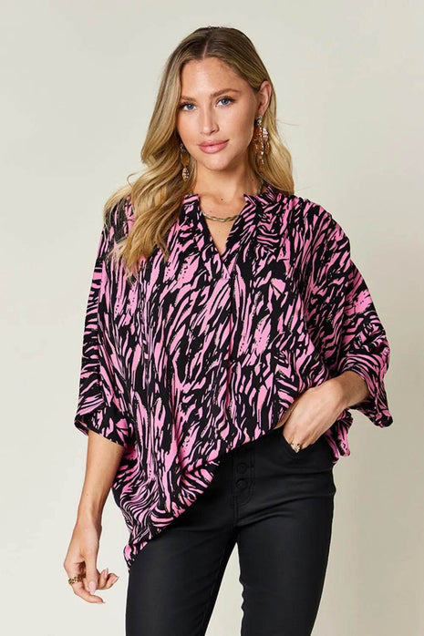 Double Take Full Size Printed Notched Three-Quarter Sleeve Blouse - MimiStylez