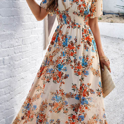 Smocked Floral V-Neck Short Sleeve Dress - MimiStylez