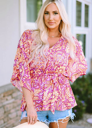 Floral V-Neck Tie Front Ruffled Blouse - MimiStylez