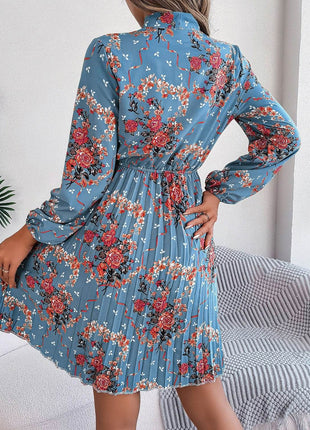 Pleated Printed Tie Neck Long Sleeve Dress - MimiStylez